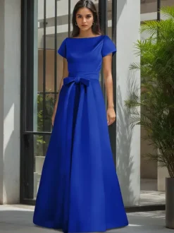 Party Dress For Mother Of The Bride Jewel Neck Short Sleeves A-Line Sash Wedding Guest Dresses