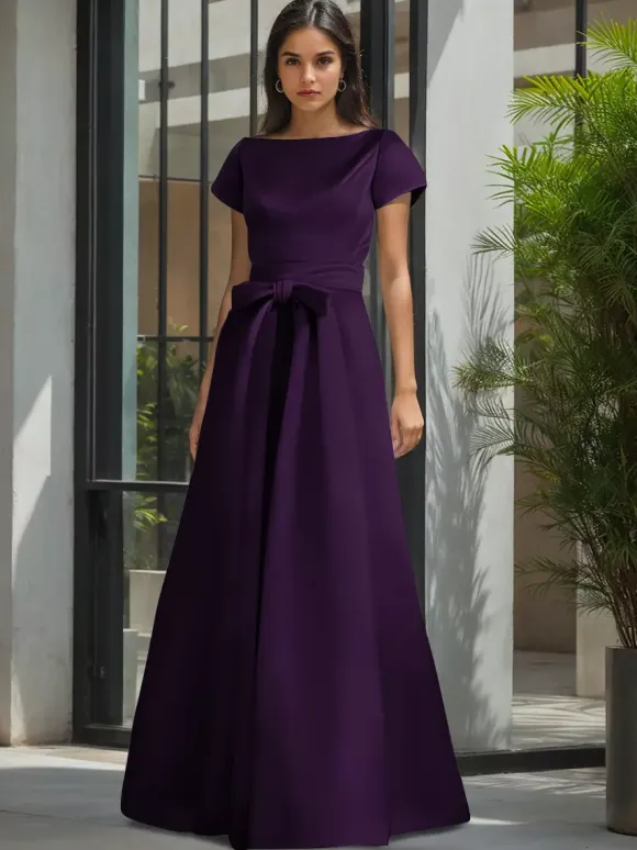 Party Dress For Mother Of The Bride Jewel Neck Short Sleeves A-Line Sash Wedding Guest Dresses