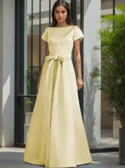 Party Dress For Mother Of The Bride Jewel Neck Short Sleeves A-Line Sash Wedding Guest Dresses