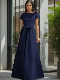 Party Dress For Mother Of The Bride Jewel Neck Short Sleeves A-Line Sash Wedding Guest Dresses