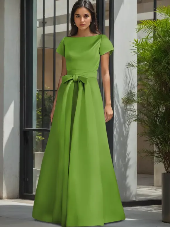 Party Dress For Mother Of The Bride Jewel Neck Short Sleeves A-Line Sash Wedding Guest Dresses