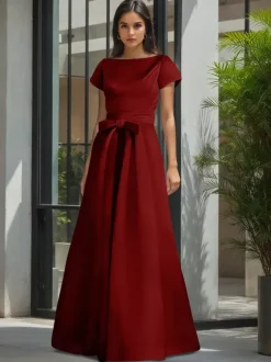 Party Dress For Mother Of The Bride Jewel Neck Short Sleeves A-Line Sash Wedding Guest Dresses