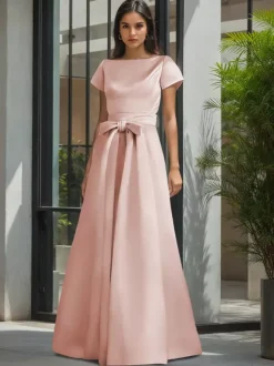 Party Dress For Mother Of The Bride Jewel Neck Short Sleeves A-Line Sash Wedding Guest Dresses