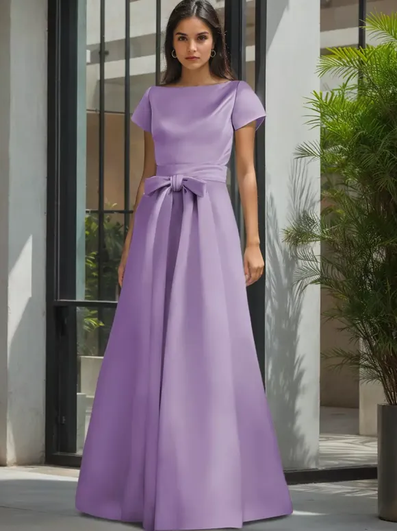 Party Dress For Mother Of The Bride Jewel Neck Short Sleeves A-Line Sash Wedding Guest Dresses