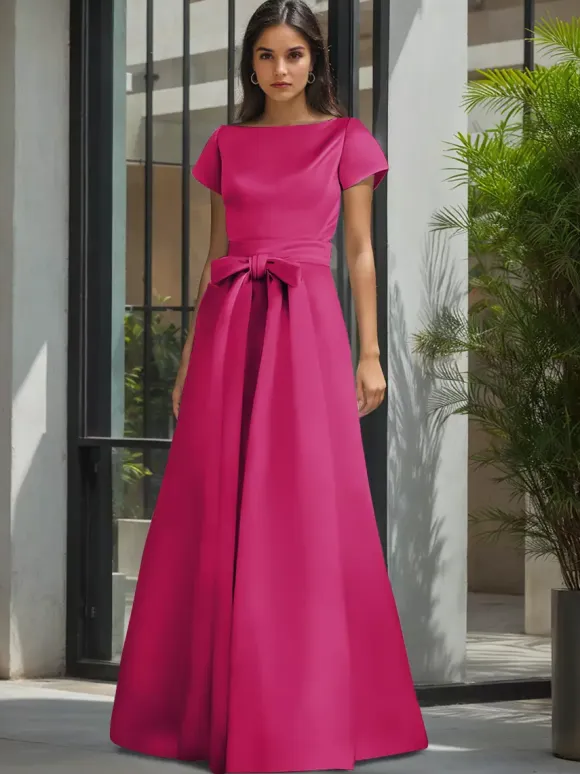 Party Dress For Mother Of The Bride Jewel Neck Short Sleeves A-Line Sash Wedding Guest Dresses