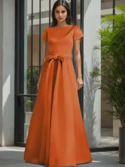 Party Dress For Mother Of The Bride Jewel Neck Short Sleeves A-Line Sash Wedding Guest Dresses
