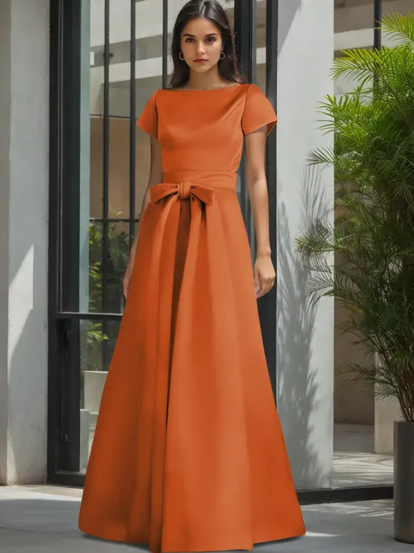 Party Dress For Mother Of The Bride Jewel Neck Short Sleeves A-Line Sash Wedding Guest Dresses