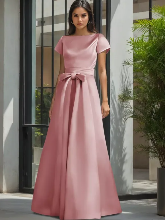 Party Dress For Mother Of The Bride Jewel Neck Short Sleeves A-Line Sash Wedding Guest Dresses