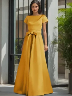 Party Dress For Mother Of The Bride Jewel Neck Short Sleeves A-Line Sash Wedding Guest Dresses