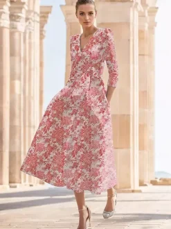 Party Dress For Mother Of The Bride V-Neck 3/4 Length Sleeves A-Line Bows Tea-Length Wedding Guest Dresses