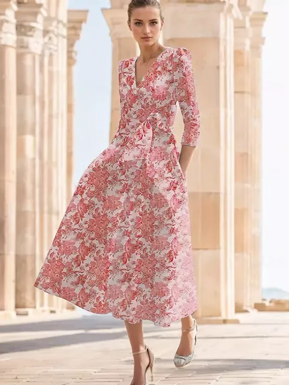 Party Dress For Mother Of The Bride V-Neck 3/4 Length Sleeves A-Line Bows Tea-Length Wedding Guest Dresses