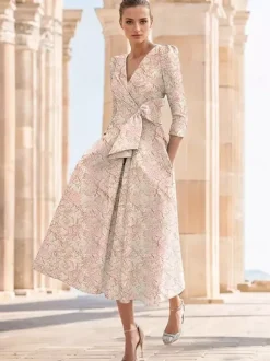 Party Dress For Mother Of The Bride V-Neck 3/4 Length Sleeves A-Line Bows Tea-Length Wedding Guest Dresses
