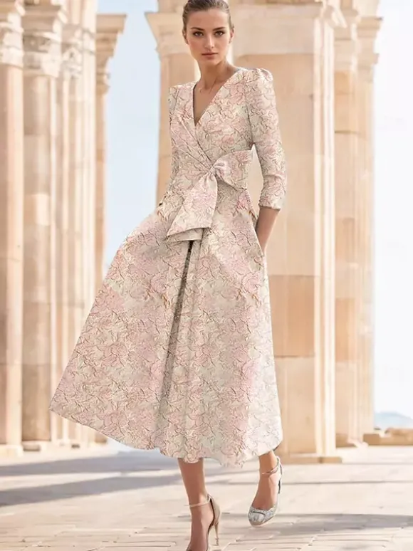 Party Dress For Mother Of The Bride V-Neck 3/4 Length Sleeves A-Line Bows Tea-Length Wedding Guest Dresses