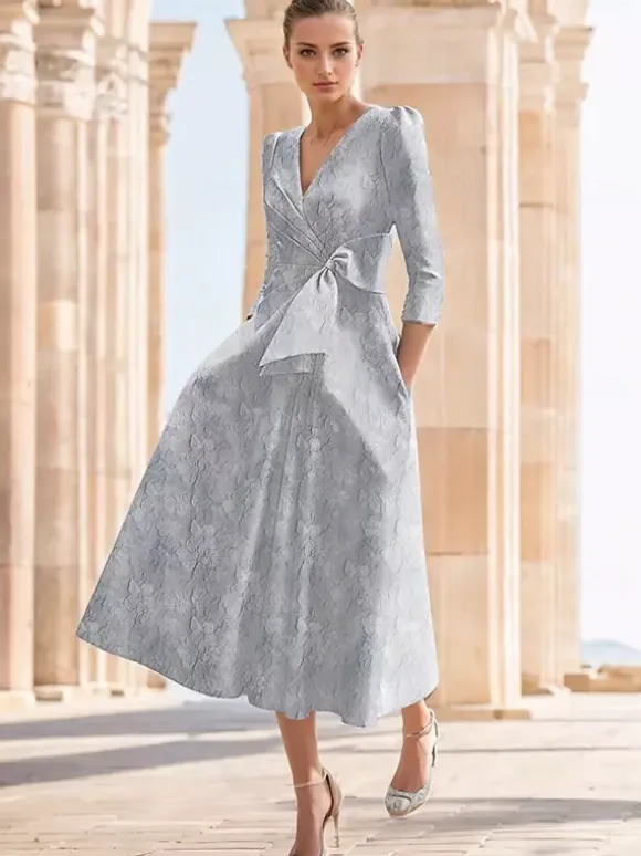 Party Dress For Mother Of The Bride V-Neck 3/4 Length Sleeves A-Line Bows Tea-Length Wedding Guest Dresses