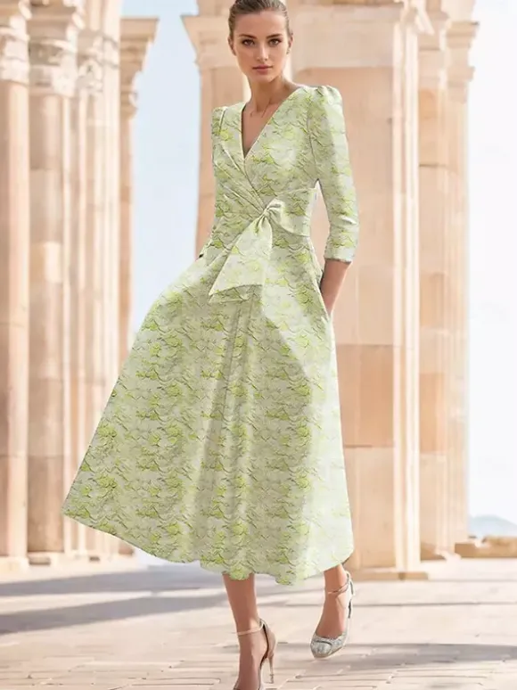 Party Dress For Mother Of The Bride V-Neck 3/4 Length Sleeves A-Line Bows Tea-Length Wedding Guest Dresses