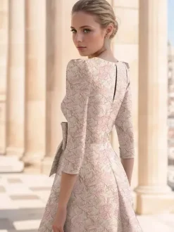 Party Dress For Mother Of The Bride V-Neck 3/4 Length Sleeves A-Line Bows Tea-Length Wedding Guest Dresses