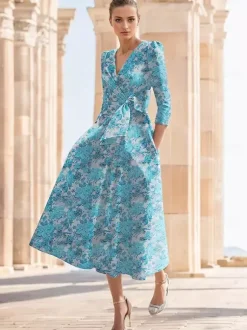 Party Dress For Mother Of The Bride V-Neck 3/4 Length Sleeves A-Line Bows Tea-Length Wedding Guest Dresses