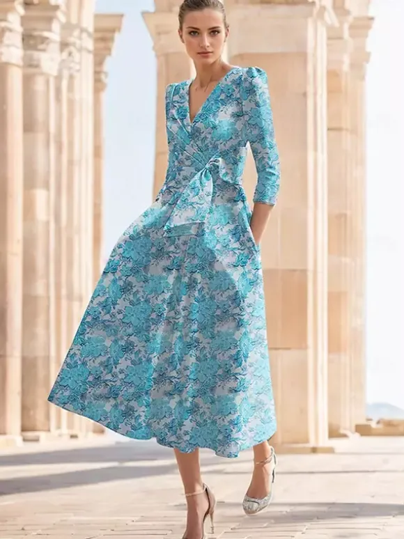 Party Dress For Mother Of The Bride V-Neck 3/4 Length Sleeves A-Line Bows Tea-Length Wedding Guest Dresses