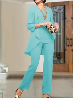 Party Dress For Mother Of The Bride Jewel Neck 3/4 Length Sleeves Sheath Tiered Floor-Length Wedding Guest Dresses