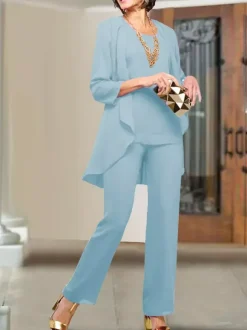 Party Dress For Mother Of The Bride Jewel Neck 3/4 Length Sleeves Sheath Tiered Floor-Length Wedding Guest Dresses
