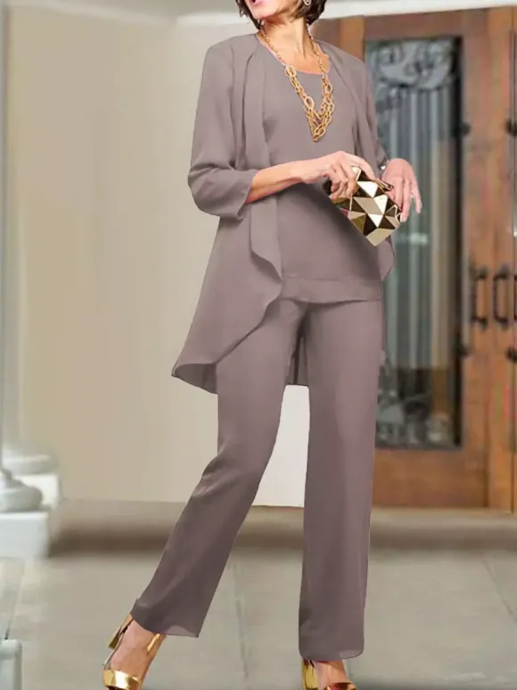 Party Dress For Mother Of The Bride Jewel Neck 3/4 Length Sleeves Sheath Tiered Floor-Length Wedding Guest Dresses