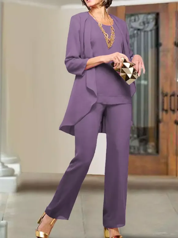 Party Dress For Mother Of The Bride Jewel Neck 3/4 Length Sleeves Sheath Tiered Floor-Length Wedding Guest Dresses