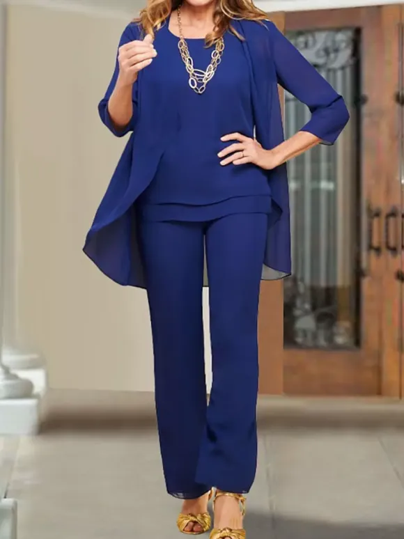 Party Dress For Mother Of The Bride Jewel Neck 3/4 Length Sleeves Sheath Tiered Floor-Length Wedding Guest Dresses