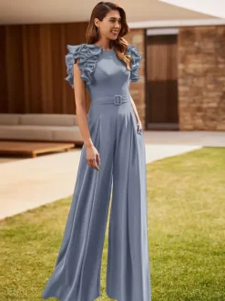Party Dress For Mother Of The Bride Jewel Neck Sleeveless Jumpsuit Ruffles Wedding Guest Dresses