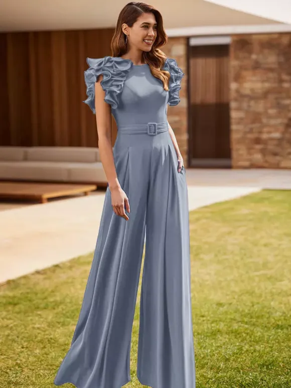 Party Dress For Mother Of The Bride Jewel Neck Sleeveless Jumpsuit Ruffles Wedding Guest Dresses