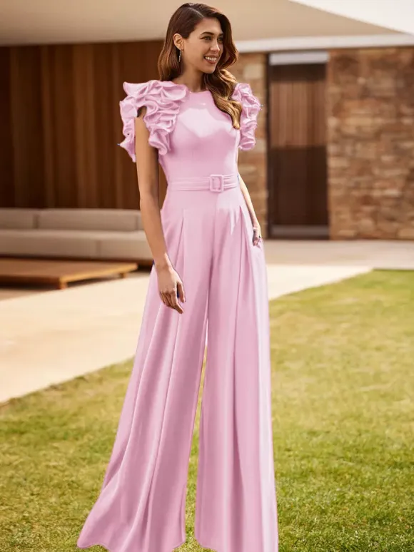 Party Dress For Mother Of The Bride Jewel Neck Sleeveless Jumpsuit Ruffles Wedding Guest Dresses