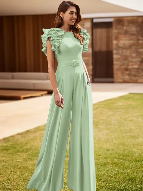 Party Dress For Mother Of The Bride Jewel Neck Sleeveless Jumpsuit Ruffles Wedding Guest Dresses