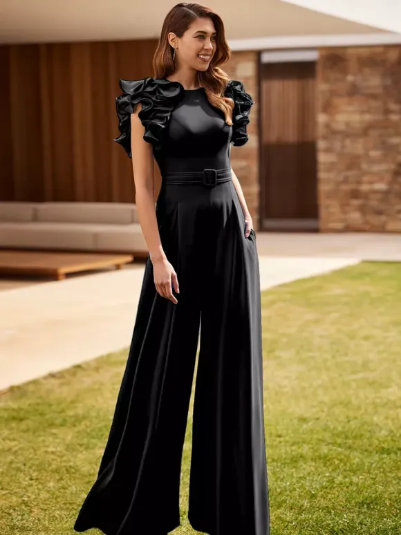 Party Dress For Mother Of The Bride Jewel Neck Sleeveless Jumpsuit Ruffles Wedding Guest Dresses