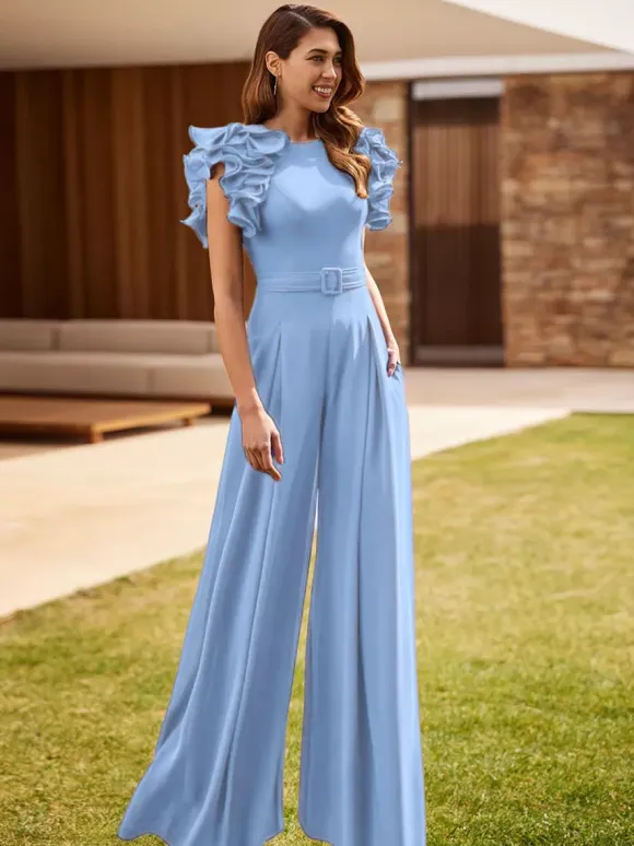 Party Dress For Mother Of The Bride Jewel Neck Sleeveless Jumpsuit Ruffles Wedding Guest Dresses