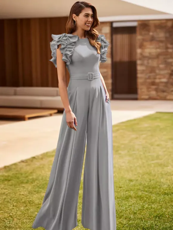 Party Dress For Mother Of The Bride Jewel Neck Sleeveless Jumpsuit Ruffles Wedding Guest Dresses