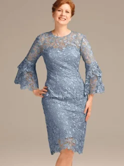 Party Dress For Mother Of The Bride Jewel Neck 3/4 Length Sleeves Short Lace Knee-Length Guest Dresses For Wedding