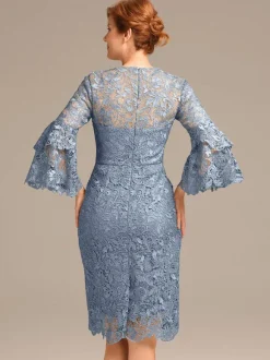 Party Dress For Mother Of The Bride Jewel Neck 3/4 Length Sleeves Short Lace Knee-Length Guest Dresses For Wedding