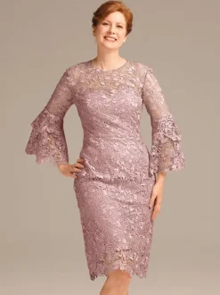 Party Dress For Mother Of The Bride Jewel Neck 3/4 Length Sleeves Short Lace Knee-Length Guest Dresses For Wedding
