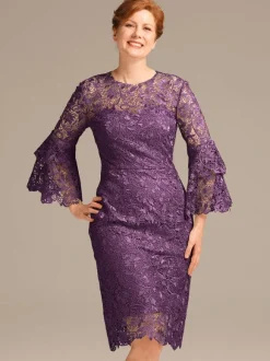 Party Dress For Mother Of The Bride Jewel Neck 3/4 Length Sleeves Short Lace Knee-Length Guest Dresses For Wedding