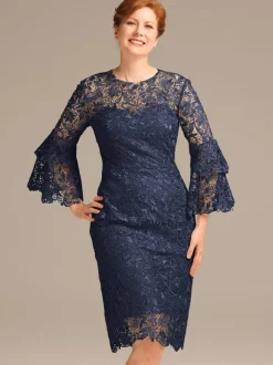 Party Dress For Mother Of The Bride Jewel Neck 3/4 Length Sleeves Short Lace Knee-Length Guest Dresses For Wedding