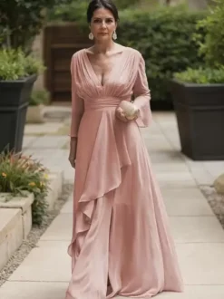Party Dress For Mother Of The Bride V-Neck Long Sleeves A-Line Ruffles Floor-Length Wedding Guest Dresses