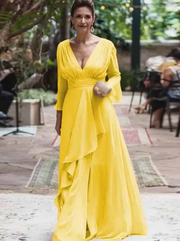 Party Dress For Mother Of The Bride V-Neck Long Sleeves A-Line Ruffles Floor-Length Wedding Guest Dresses