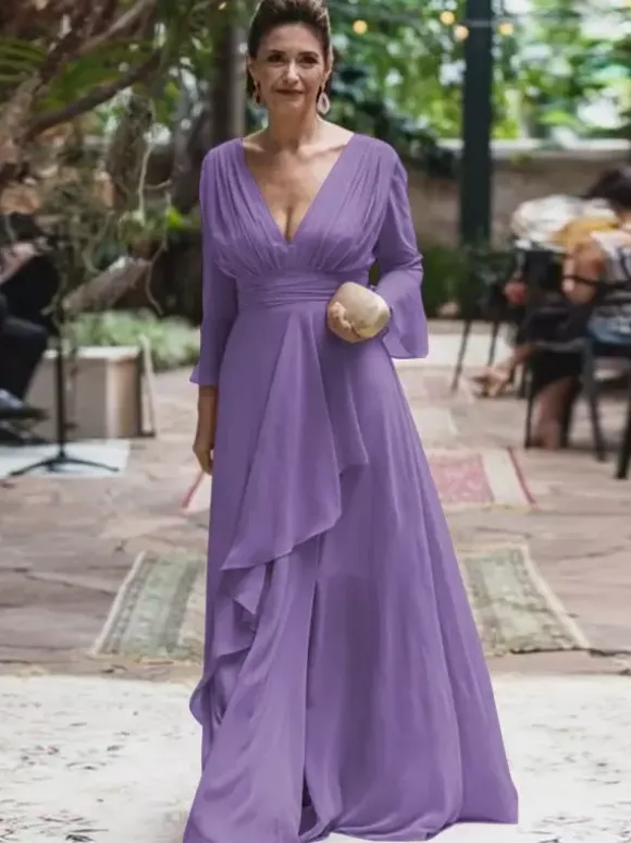 Party Dress For Mother Of The Bride V-Neck Long Sleeves A-Line Ruffles Floor-Length Wedding Guest Dresses