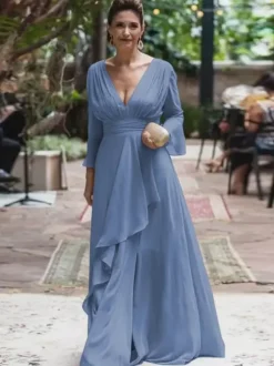 Party Dress For Mother Of The Bride V-Neck Long Sleeves A-Line Ruffles Floor-Length Wedding Guest Dresses