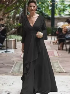 Party Dress For Mother Of The Bride V-Neck Long Sleeves A-Line Ruffles Floor-Length Wedding Guest Dresses