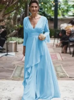 Party Dress For Mother Of The Bride V-Neck Long Sleeves A-Line Ruffles Floor-Length Wedding Guest Dresses