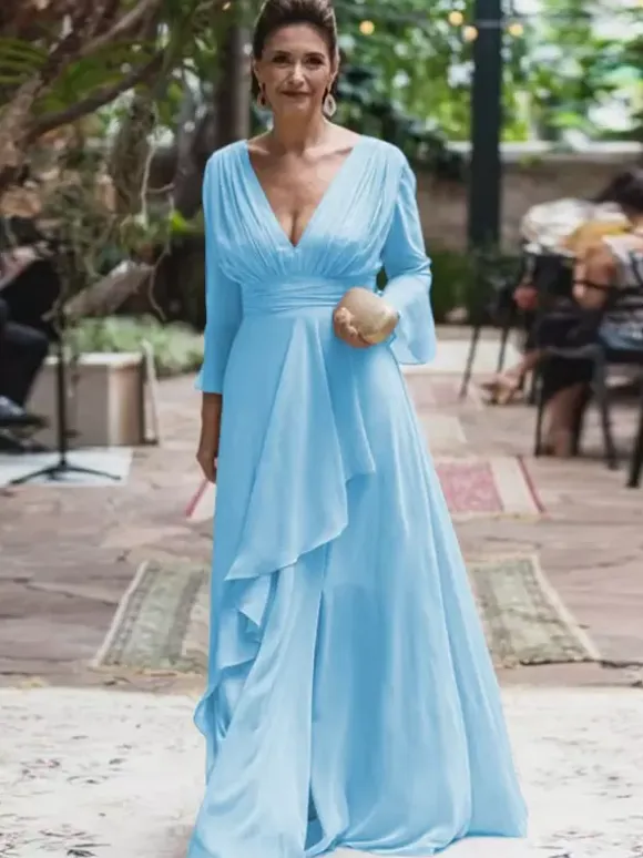 Party Dress For Mother Of The Bride V-Neck Long Sleeves A-Line Ruffles Floor-Length Wedding Guest Dresses