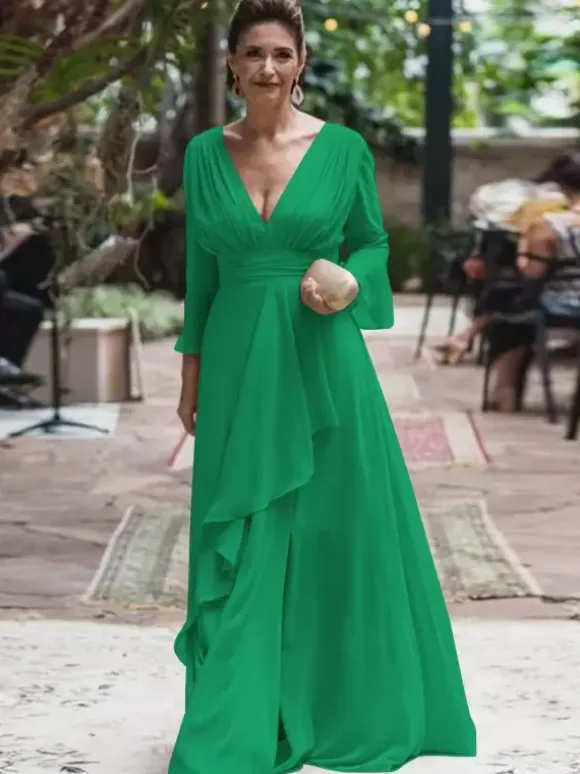 Party Dress For Mother Of The Bride V-Neck Long Sleeves A-Line Ruffles Floor-Length Wedding Guest Dresses