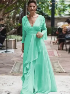 Party Dress For Mother Of The Bride V-Neck Long Sleeves A-Line Ruffles Floor-Length Wedding Guest Dresses