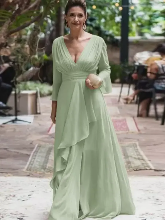 Party Dress For Mother Of The Bride V-Neck Long Sleeves A-Line Ruffles Floor-Length Wedding Guest Dresses