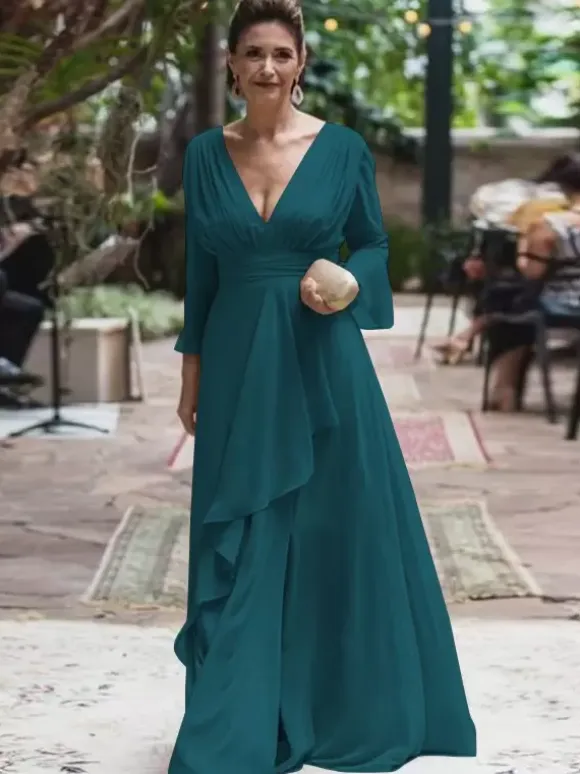 Party Dress For Mother Of The Bride V-Neck Long Sleeves A-Line Ruffles Floor-Length Wedding Guest Dresses